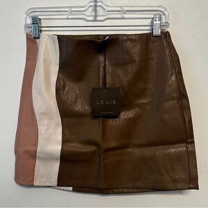 Mocha, ivory, and pink color block faux leather skirt
